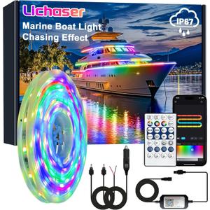 Lichaser Boat LED Strip Light RGB+IC, Marine LED Light Strip for Pontoon with Remote, Segment App Control Boat Light Waterproof 12V, Cool Stuff for Jon Boat, Bass Boat, Camper, RV (16.5ft)