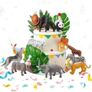 37 Pcs Jungle Animal Birthday Cake Toppers Mini Birthday Hat Animal Figure Cake Toppers for Wild Animals Themed Party