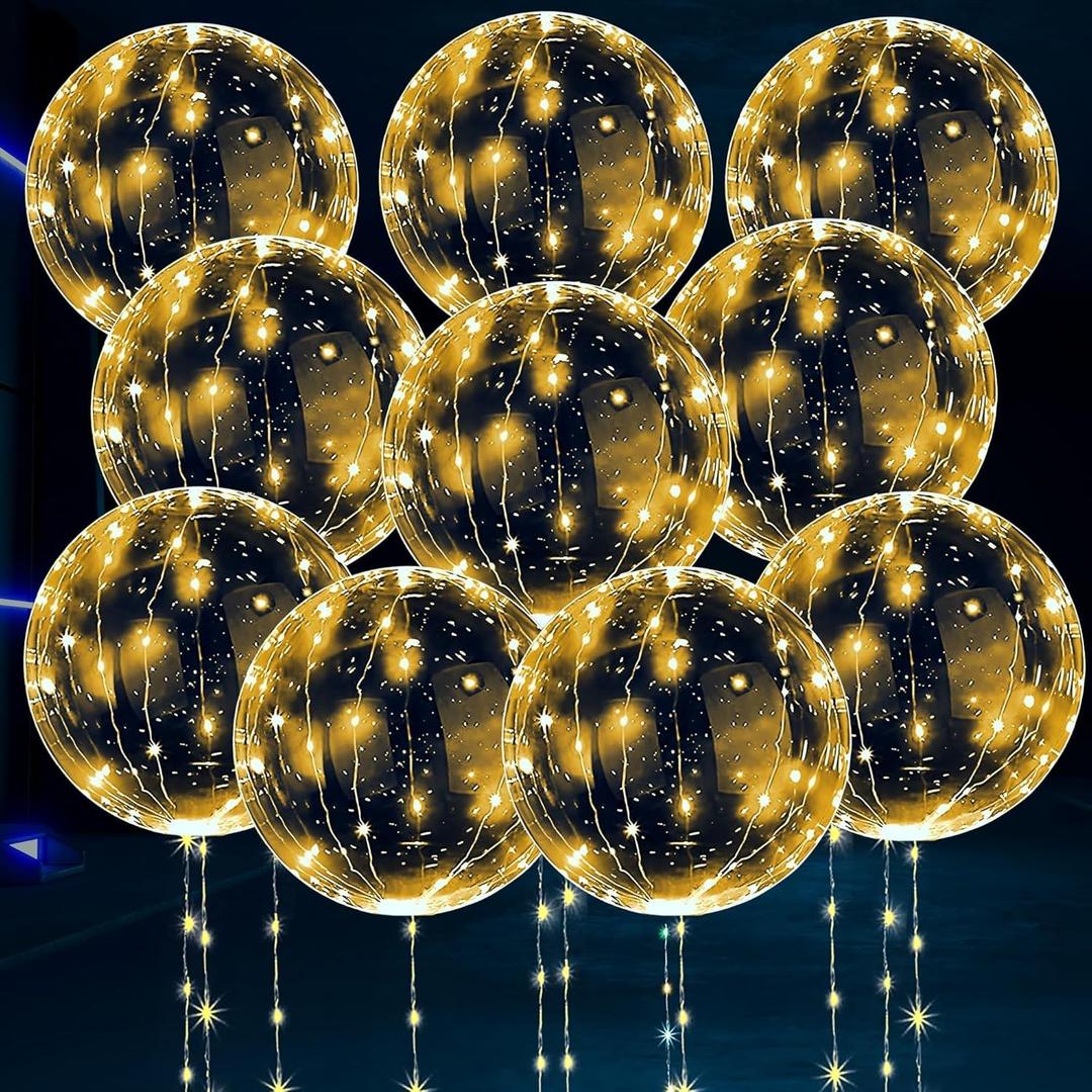 LED Light Up Balloons 10 Pack  20" Transparent Glow Balloons Light Up with LED String Lights & Switch, Easy Air or Helium Use for Special Events, Weddings, Party Decorations & Festive Nights (Clear)
