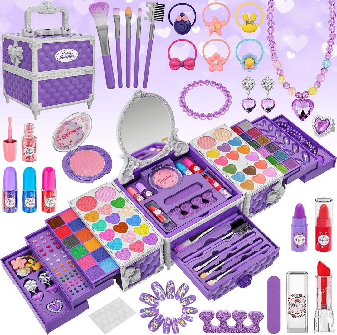99 Pcs Kids Makeup Kit for Girls, Princess Toys Real Washable Cosmetics Set with Mirror, Hair Ties, Nails, Rings, Earrings, Necklace, Perfect for 3 4 5 6 7 8 Year Old Girls Birthday (White)