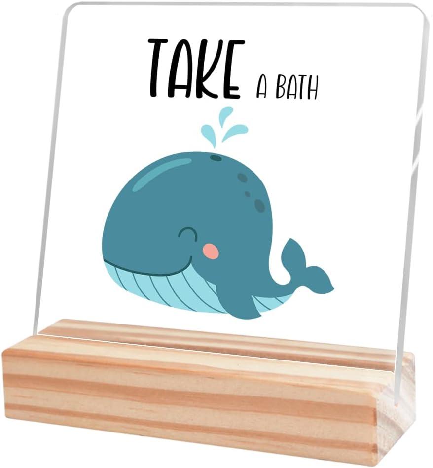 aPamr Kids Bathroom Decor, Funny Bathroom Rules Sign, Take a Bath Reminder Acrylic Wooden Desk Plaque Sign, A301