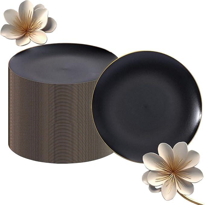 EI enjonirinjonir 80pcs Black Dessert Plates with Gold Rim,7.5inch Heavy Duty Disposable Matte Plastic Party Platos Frosted Small Black Dessert/Cake/Appetizer Plastic Plates for Wedding/Tea Party