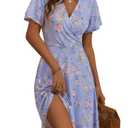FENSACE Summer Clothes for Women Empire Waist Aline Knee Length Purple Wedding Guest Pastel Dress(Purple Pink Floral-113,Medium) (M)