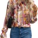Women's Swiss Dot Shirt Ruffle Long Sleeve Pleated Crewneck Blouse Casual Loose Tops (16 Boho Floral) S