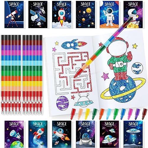 BenLouis 24 Outer Space Mini Coloring Books Kids with 24 Stacking Crayons Astronaut Party Favors Activity Books Bulk for Kids Solar System Galaxy Alien Goodie Bag Gift Stuffer Classroom Reward