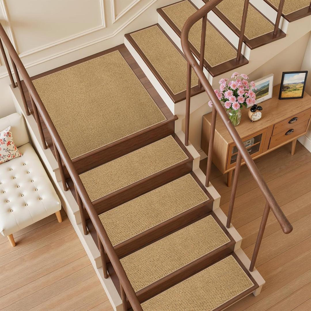 4PCS Non-Slip Stair Treads - 8"x30" Edging Stair Treads for Wooden Steps Washable Peel and Stick Indoor Stairs Tread Rug Stain Resistant Staircase Mat for Kids and Pets (4pc, Brown)