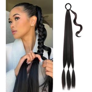 Long Braided Ponytail Extension with Hair Tie Wrap Around Straight Hair Extension Ponytail 34 Inches Natural Soft Synthetic Hairpiece for Women Daily Weddings Parties and Festivals Wear 150 Gram Black