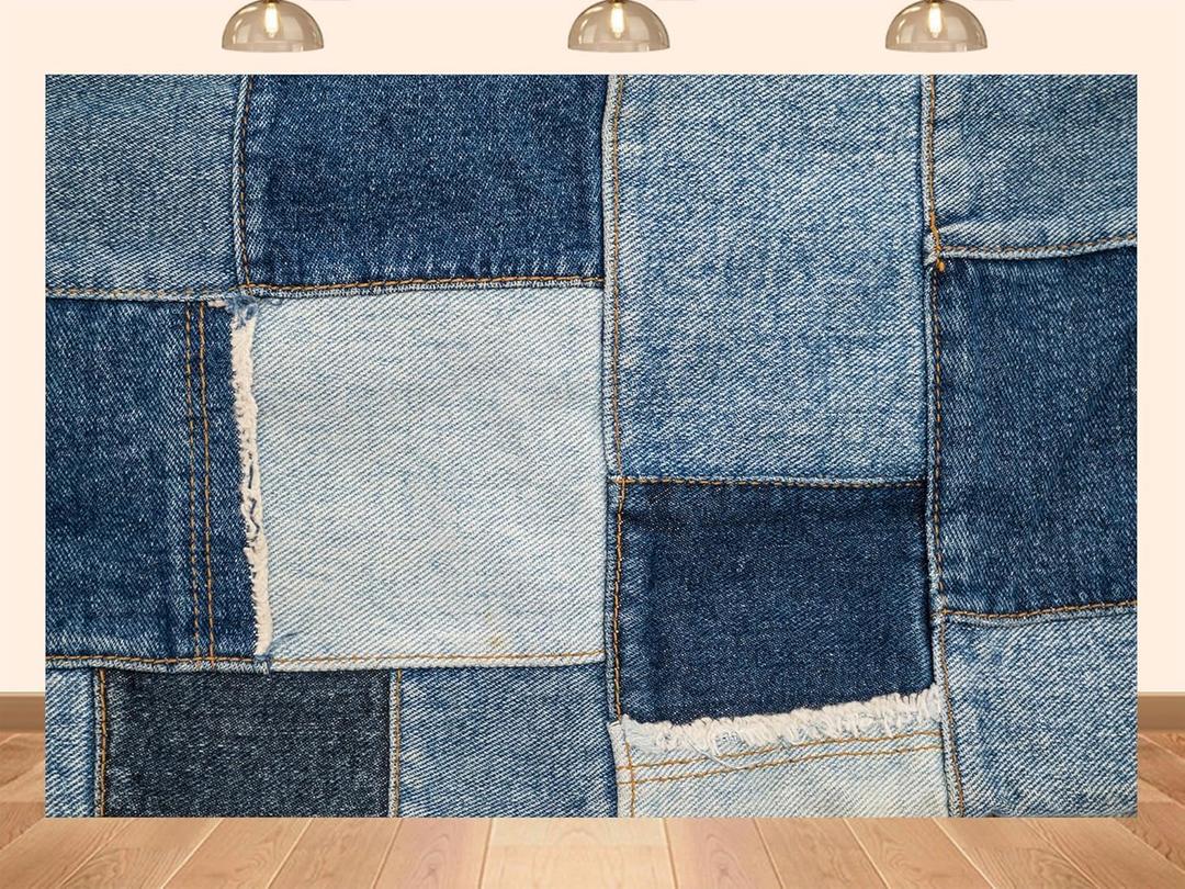 10x8ft Fabric Denim Photo Studio Essentials Denim Photography Backdrop Vintage Blue Jean Patchwork Pattern Kids Women Birthday Banner Photoshoot Prop