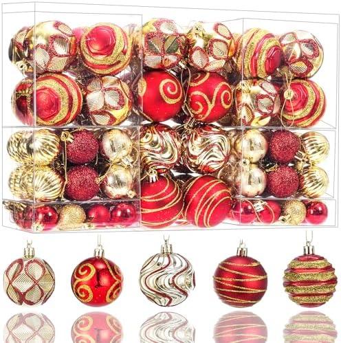 100Pcs Shatterproof Christmas Ornaments Set for Tree Large Christmas Tree Baubles Bulk Christmas Decor with Assorted Designs Perfect Christmas Ball Ornaments for Holiday Decorating, Red Gold
