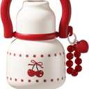 22 oz Water Bottle with Straw and Bowl, Wide Mouth Insulated Stainless Steel; Leak-Proof 316L Healthy Flask for Women & Kids, Yoga & Travel; with Heart Bracelet Charm, Cherry White