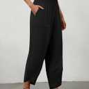 Womens Linen Pants Wide Leg Palazzo Capri Barrel Harem Pants Casual | High Waisted, with Pockets, Lounge, Cropped (Black, M)