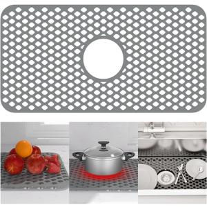TOOVEM Silicone Kitchen Sink Mat with Non-slip, Stable, Farmhouse Sink Protector for Kitchen Stainless Steel Drainboard- Grey (1Pack-24.8"x13"-Center Drain, Gray)
