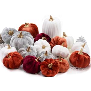 Thanksgiving Velvet Pumpkins, 18 PCS Fall Table Decorations for Home, Artificial Pumpkins Set for Fall Autumn Harvest, Thanksgiving, Wedding