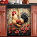 Generic Rustic Farmhouse Rooster Magnetic Dishwasher Cover,Red Poppy Flower Kitchen Decor Dishwasher Magnet Cover,Vintage Chicken Refrigerator Magnets Sticker Home Appliance Panel Decals,23Wx26H