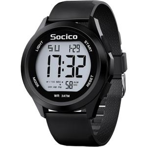 SOCICO Mens Digital Watch Sports Waterproof Outdoor Large Face Military Watches with Stopwatch Back Light Alarm Date Display (Black)