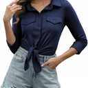 Women Tie Front Top V Neck Button Down 3/4 Sleeve Cropped Cotton Blouse with Pockets for Work Vacation (Blue, M)