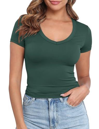 PALINDA V Neck Slim Fitted Shirts for Women Basic Casual Short Sleeve T Shirts Going Out Tops Sexy Y2K Tees(Dark Green XL)