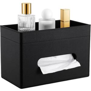 PU Leather Tissue Box Cover with Storage Tray, Rectangle Decorative Organizer Holder for Bathroom Vanity, Bedroom Dresser, Office and Nightstand, Black