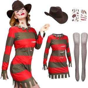 3 Pcs Halloween Costume for Women Red Green Striped Costume with Hat Fishnet Stockings Scar Stickers Cosplay Killer (Large)