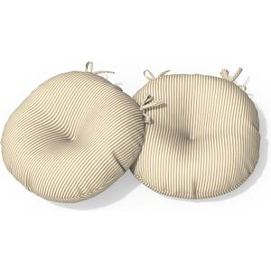 Outdoor Bistro Chair Cushion with Ties, Tufted Patio Chair Cushions Set of 2, Round Seat Cushion 15”x15”x4” for Home Garden Balcony Office Porch Lawn Deck, Stripe Beige
