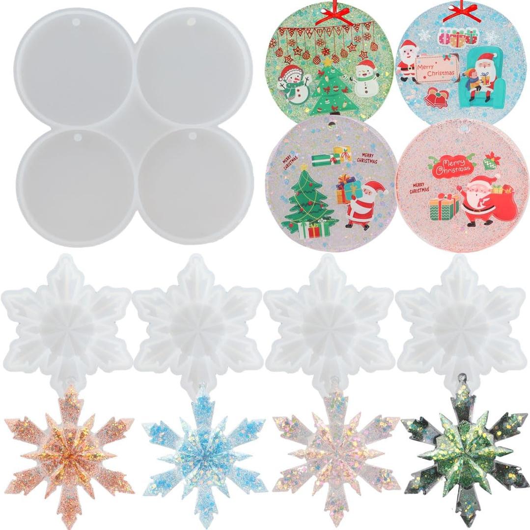 Christmas Resin Molds Silicone, 4 Pcs 3D Snowflake Molds, 4-Cavity Round Christmas Ornaments Mold Silicone Coaster Mold with Hole for Epoxy Resin, Christmas Tree Decorations