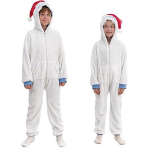 HSCTEK Fuzzy Teddy Fleece Child Snow Monster Onesies Costume with Hoodie (5-6, White)