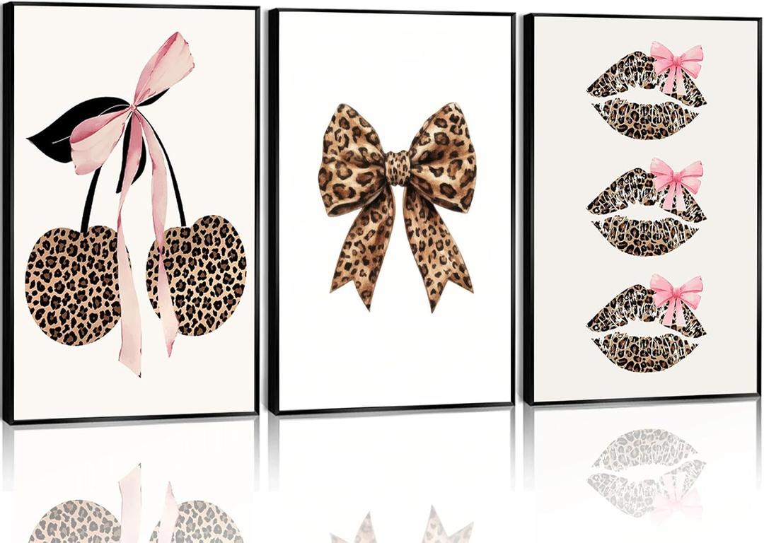 YZLYAD 3Pcs Trendy Leopard Print Wall Art,Fashion Bow Cherry Lips Y2k Poster Pictures,Stylish Preppy Aesthetics Girls' Rooms Canvas Wall Decor for Bedroom Dorm Apartment.24x16in Unframe