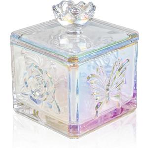 WHJY Cute Glass Candy Jar with Lid, Iridescent Colored Glass Candy Jar for Office Desk,Colorful Candy Dishes for Candy Buffet, Cookie Jar 4.5 Tall