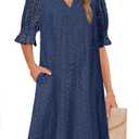 MEROKEETY Women's 2025 Summer Short Sleeve Mini Dress V Neck Ruffle Hollow Out Eyelet Lace Dresses, Navy, M