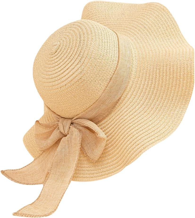 Women Floppy Sun Hat with Wide Brim, Foldable Roll-Up Straw Beach Hat Summer Hat for Travel (Medium, Beige)