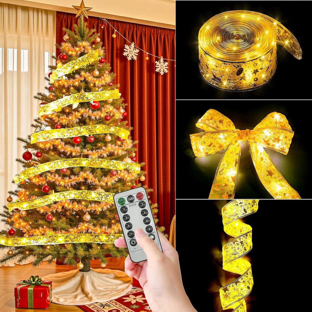 Christmas Decoration 2 inch x 33 Foot LED Christmas Tree Ribbon Light with Remote Control USB Power Supply 8 Lighting Modes Indoor Christmas Holiday Decoration, Golden