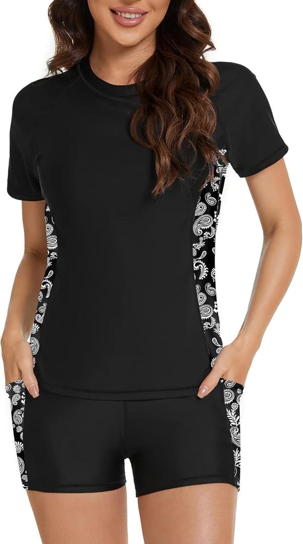 Tournesol Women's Rash Guard 2 Piece Short Sleeve Swim Shirt with Shorts Swimsuit with Bra Bathing Suit Plus Size with Pocket (Large) Tournesol Women's Rash Guard 2 Piece Short Sleeve Swim Shirt with Shorts Swimsuit with Bra Bathing Suit Plus Size with Pocket (Large)
