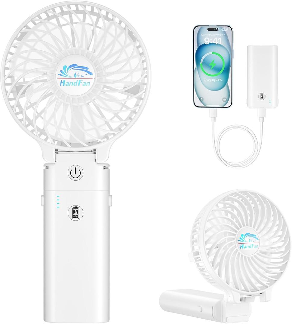 HandFan 5200mAh Personal Fan Handheld,180 Foldable Hand Held, Battery Operated Rechargeable Fan, Portable Charger Design, 3 Speeds,20H Runtime for Travel/Wedding/Camping/Outdoors/Indoors (White)