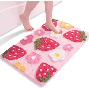 Anybar Pink Bathroom Rugs Cute Strawberry Flower Bath Mat Bathroom Accessories, Funny Colorful Non Slip Floor Bath Rug Machine Washable Bathmat Soft Microfiber Carpet for Shower, Bathtub (18x25 inch)