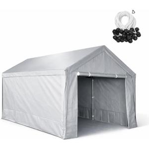 10 x 20 ft Carport Canopy Replacement Cover+Sidewall, Heavy Duty Waterproof&UV Protected Garage Tent Shelter Tarp, Tear-Resistant Car Shed Tarpaulin Cover with Ball Bungees (Frame Not Included) Grey, 10X20 Top Cover+ Sidewall