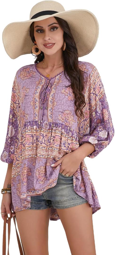 Women Boho V-Neck 3/4 Sleeves Tunic Top Relaxed Fit Casual Print Blouse, XS