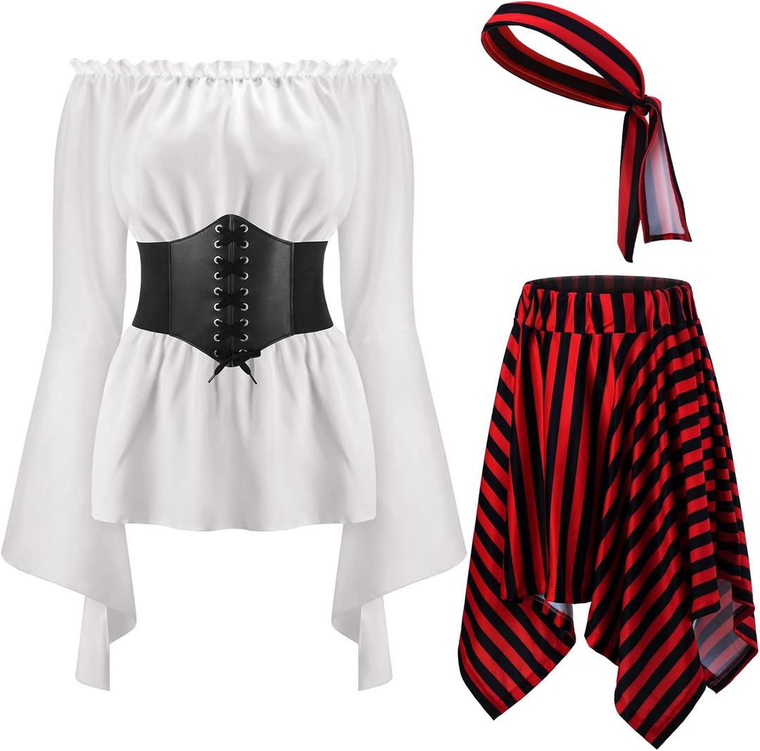 4 Pcs Halloween Womens Pirate Costume Renaissance Blouse Tops Corset Waist Belt Pirate Skirt for Halloween Party (White) 