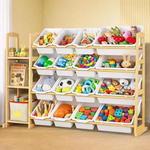 Kids Toy Storage Organizer with Bookshelf  Wooden Shelf with 16 Bins & 3 Shelves, Quick Assembly Storage Rack for Playroom, Bedroom, Nursery - White