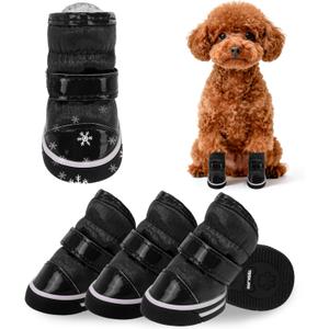 SCENEREAL Fleece Dog Shoes For Winter, Dog Boots & Paw Protectors, Warm Puppy Snow Booties For Small Medium Sized Dogs, Anti-Slip Rubber Sole PU Waterproof Boots For Outdoor Walking, Black Size 4 (Size 4: Fit For Paw Width 1.05-1.25")