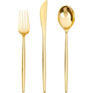 SUT 150PCS Gold Plastic Silverware, Plastic Utensils,Gold Silverware Disposable,Disposable Utensils Heavy Duty,Plastic Cutlery Set,Includes:50 Knives, Forks and Spoons for Party, Birthday,Wedding
