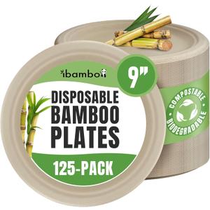 ibambo Bamboo Paper Plates Compostable (125-Pack, 9-inch) | Sturdy & Microwave Safe | Heavy Duty Brown Disposable Plates | PFAS Free, Biodegradable | FSC Certified Alternative to Plastic