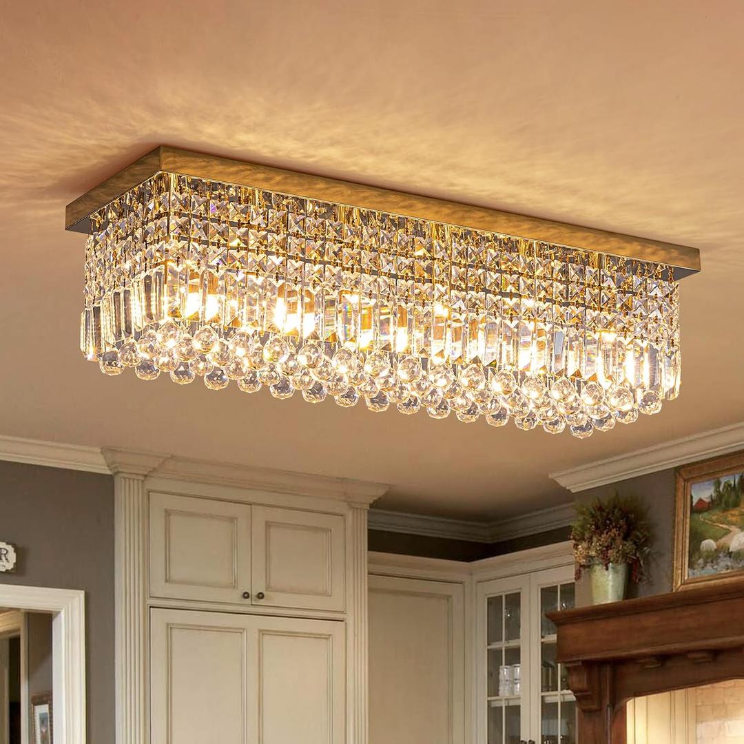 7PM Modern Rectangular Chandelier, Gold, L31.5' x W10' x H10', 6 Lights, Dimmable, Kitchen, Dining Room, Living Room