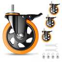 5 Inch Caster Wheels, Threaded Stem Casters Set of 4 Heavy Duty, Swivel Casters 1/2"-13 x 1 (Screw Diameter 1/2", Stem Length 1"), Safety Dual Locking Industrial Casters, Wheels for Cart, Furniture