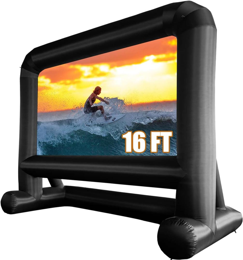 HuaKastro 16 FT Outdoor Inflatable Projector Screen One-Piece Design, Easy Setup Blow-Up Screen with Quiet Fan, Perfect for Backyard Movie Nights & Events (Stable Base)