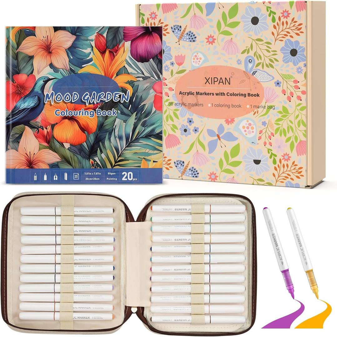 XIAPN 36 Acrylic Paint Markers with Coloring Book | With Canvas Bag and Mood Garden Coloring Book, Brush Tip Markers for DIY Art & Crafts -Fabric, Rock, Wood, Glass, Metal