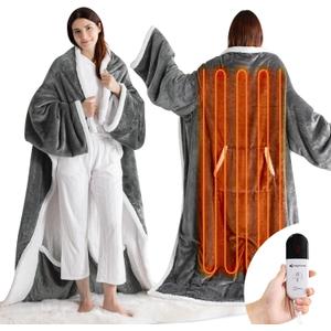 OMYSTYLE Electric Blanket Wearable with Foot Pocket, Wearable Heated Blanket with Sleeves, 1-6 Heating Levels & Fixed 4 Hours Heating Time Setting, 52 * 72"+18", Light Grey