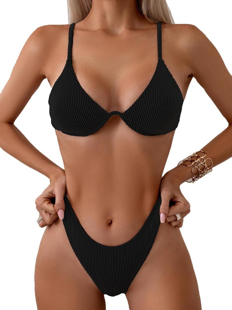 Fanuerg Women Underwire Triangle Bikini Spaghetti Strap Push Up Swimsuit Cheeky Two Piece Bathing Suit, Black, X-Small