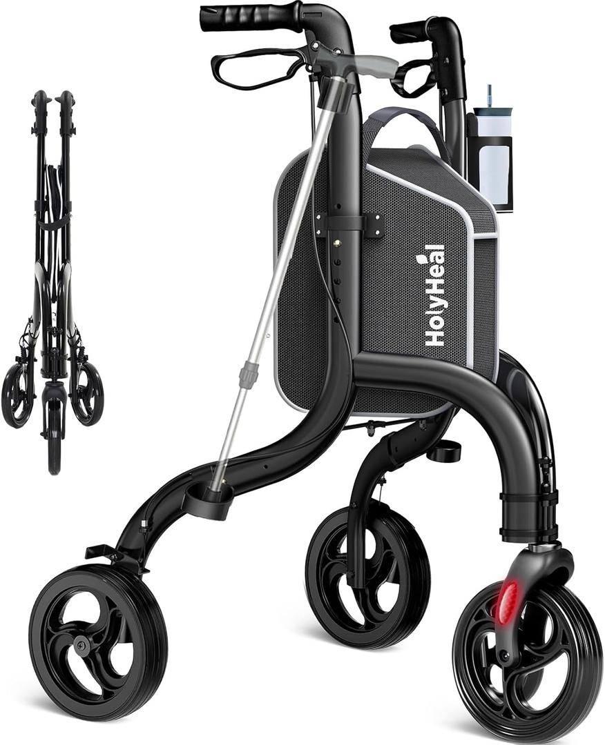 3 Wheel Walkers for Seniors, Lightweight Rollator Walkers Foldable for Elderly with Cane Hold and Cup Hold, Height Adjustable Aluminum Three Wheel Rolling Walker Mobility Aid, Black