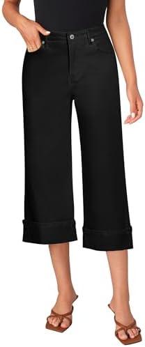 LookbookStore Capris Jeans for Women Wide Leg High Waisted Casual Summer Roll Hem Cropped Stretch Denim Jean Capri Pants, XL