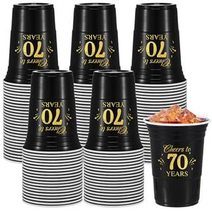 Ziliny 50 Pack 70th Birthday Decorations Birthday Cups 16 oz Disposable Plastic Gold and Black Cheers to 70 Years Cups for Men Women Hot Cold Drinks for Wedding Anniversary Supplies